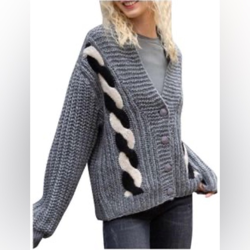 Pol | Women's Grey Long Sleeve Button Front V-Neck Cable Knit Sweater Size S